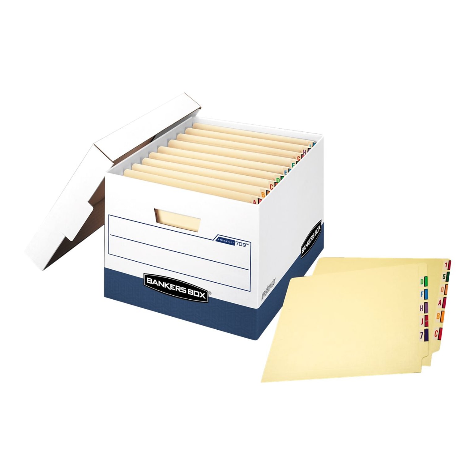 Bankers Box Heavy-Duty FastFold File Storage Boxes, Lift-Off Lid, Letter/Legal Size, White/Blue, 12/Carton (00709)