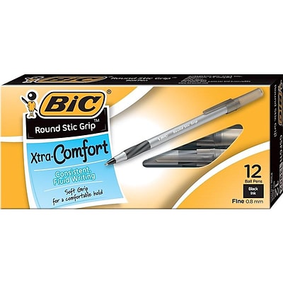 BIC Round Stic Grip Xtra Comfort Ballpoint Pens, Fine Point, Black Ink, Dozen (13902)