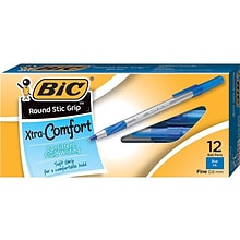 BIC Round Stic Grip Xtra Comfort Ballpoint Pens, Fine Point, Blue Ink, Dozen (13903)