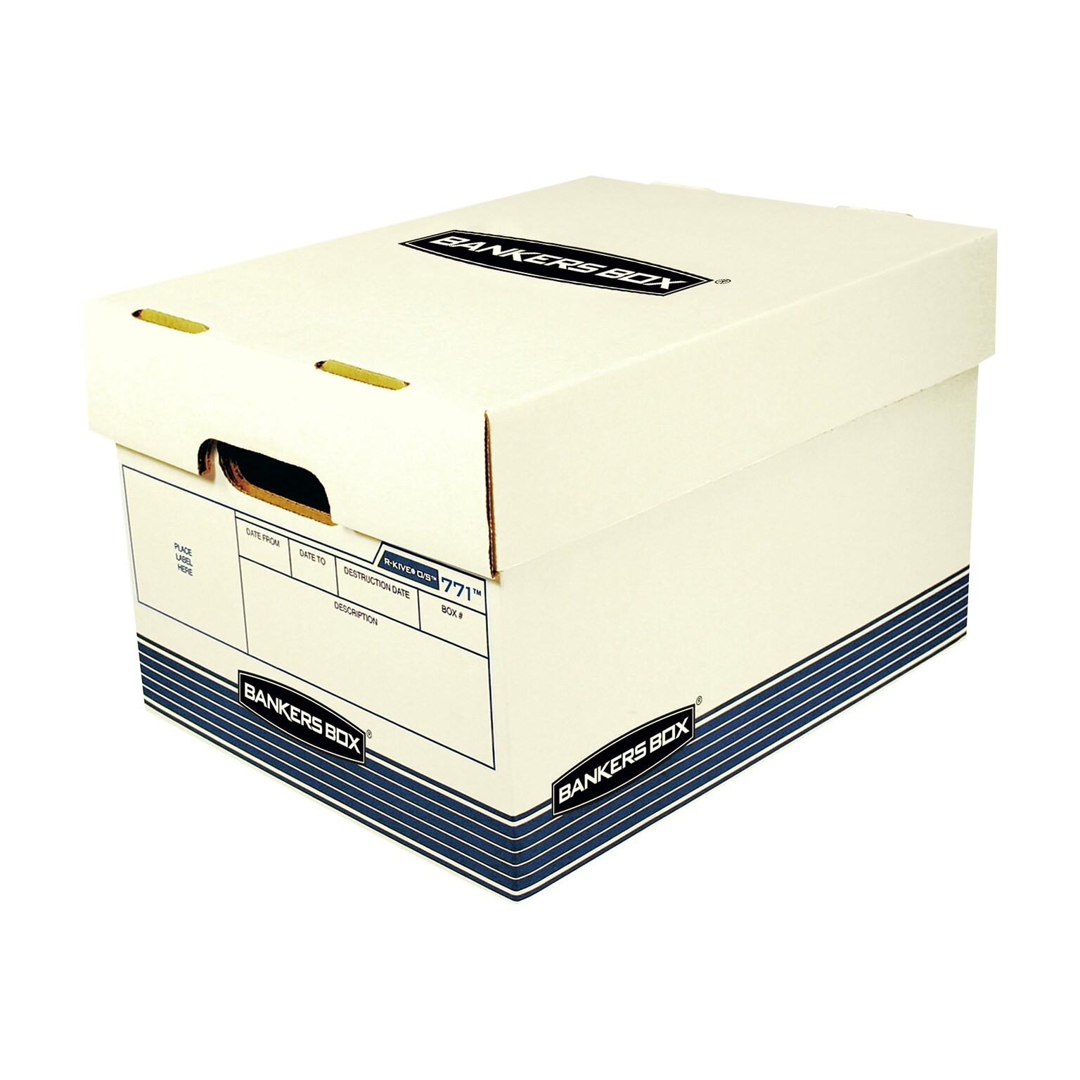 Bankers Box R-Kive O/S Heavy-Duty FastFold, File Storage Boxes, Lift-Off Lid, Letter/Legal Size, White/Blue, 20/BL (0077103)