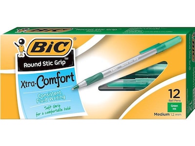 BIC Round Stic Grip Xtra Comfort Ballpoint Pens, Medium Point, Green Ink, Dozen (13888)