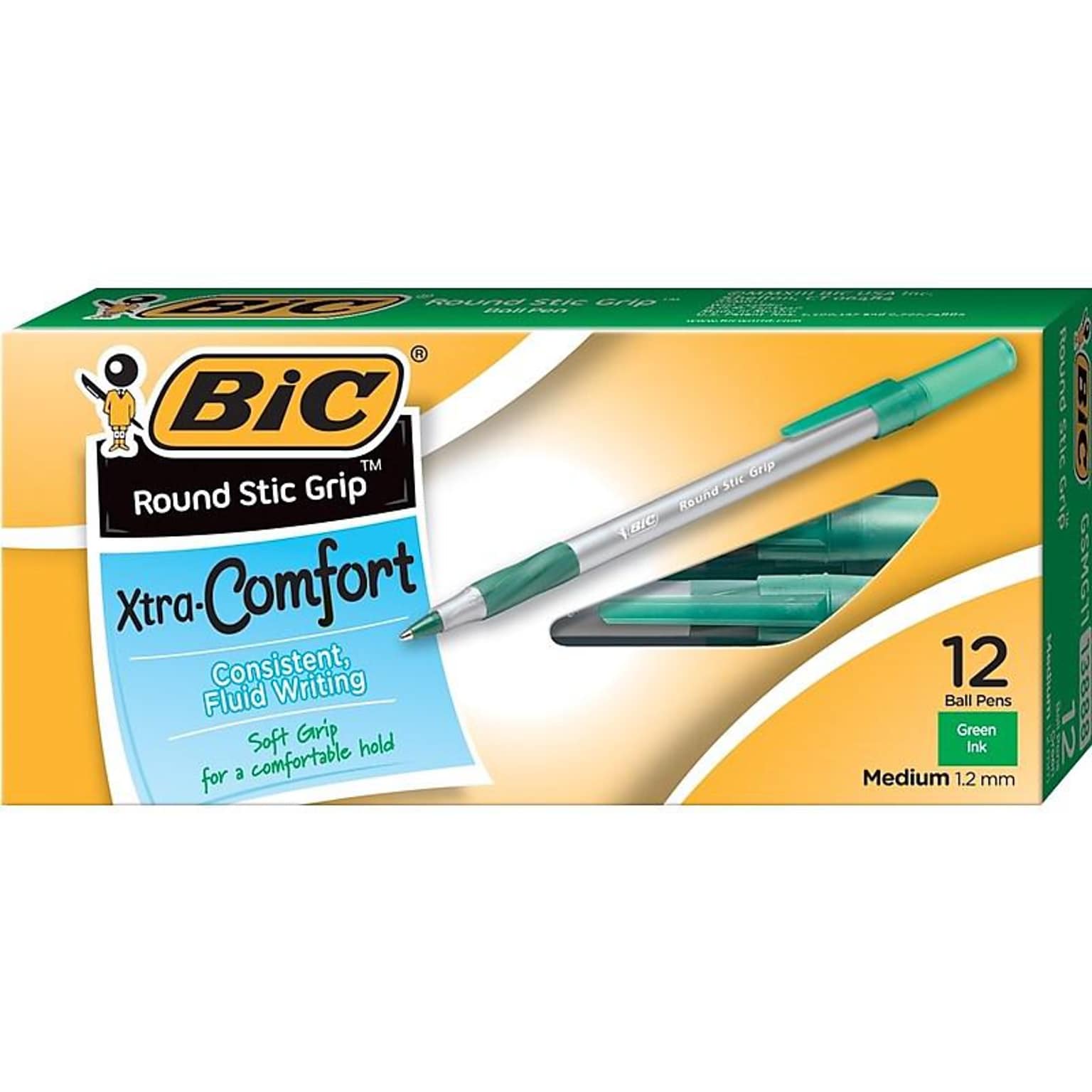 BIC Round Stic Grip Xtra Comfort Ballpoint Pens, Medium Point, Green Ink, Dozen (13888)