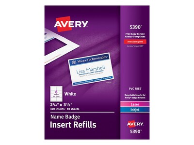 Avery Printable Laser/Inkjet Name Badge Insert Refills, 2 1/4 x 3 1/2, White, 400 Inserts Per Box