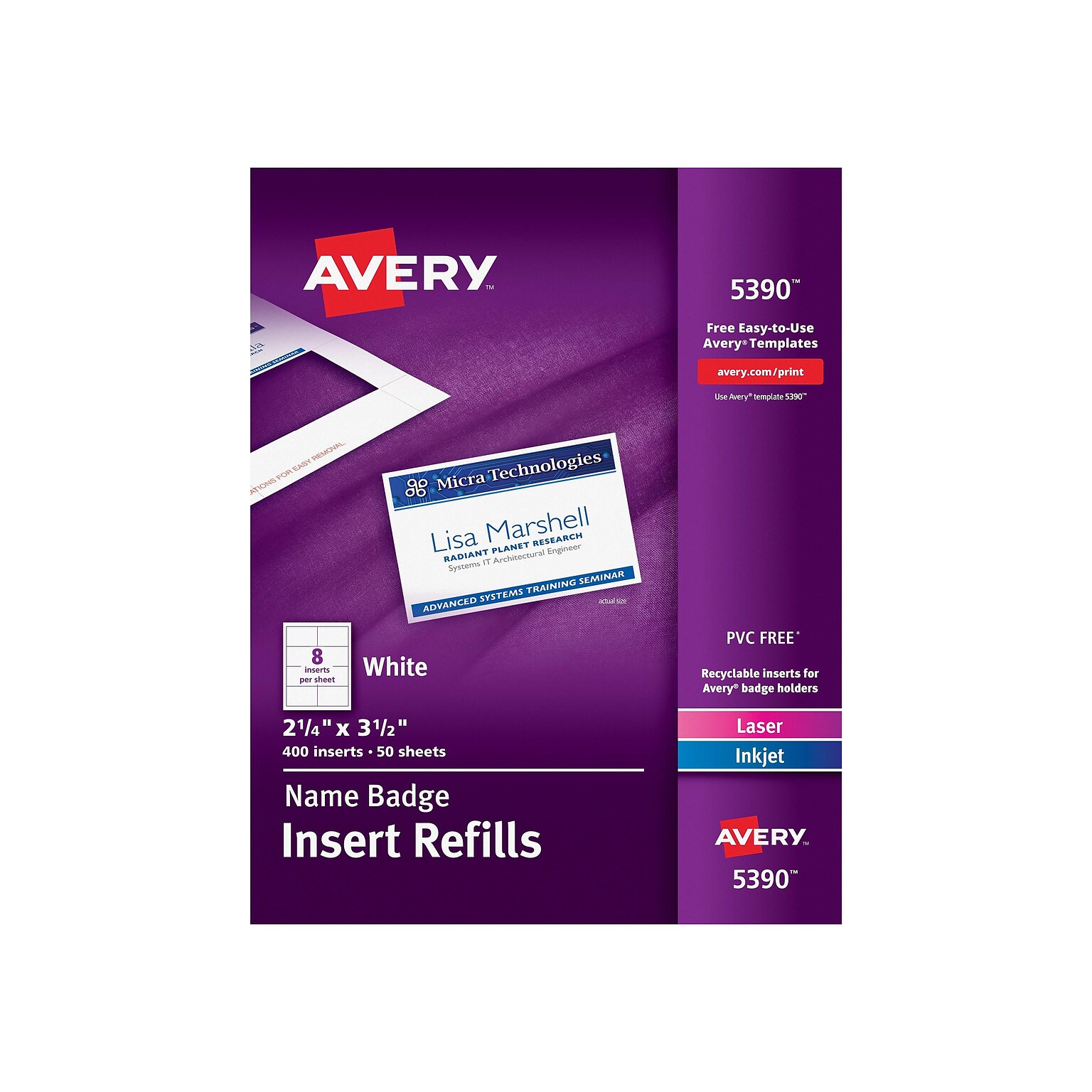 Avery Laser/Inkjet Insert Refills ID Cards, 2 1/4 x 3 1/2, White, 400 Cards Per Pack (5390)