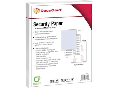 Paris DocuGard Advanced 8.5 x 11 Medical Security Paper, 24 lbs., Blue, 500 Sheets/Ream, 2500/Cart