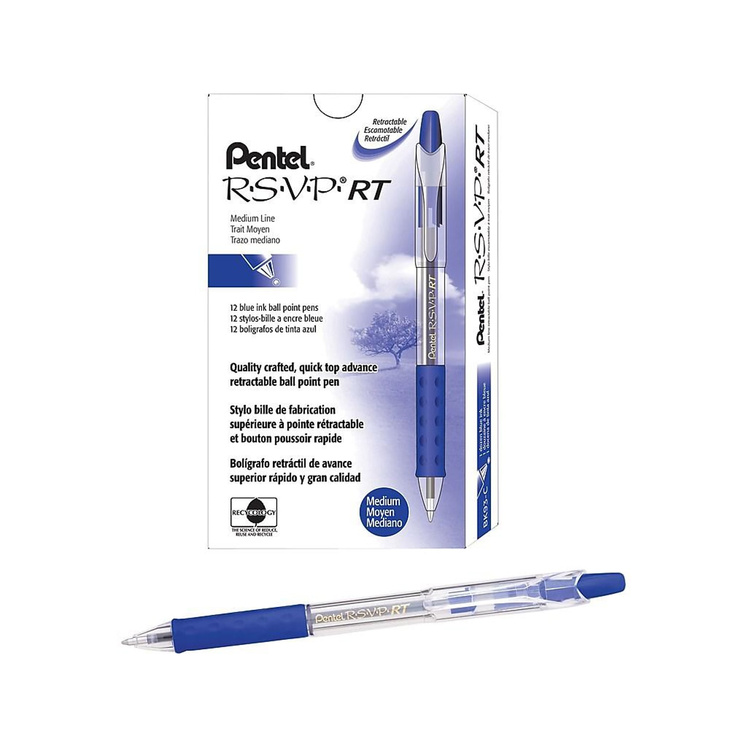 Pentel R.S.V.P. RT Retractable Ballpoint Pens, Medium Point, Blue Ink, Dozen (BK93-C)