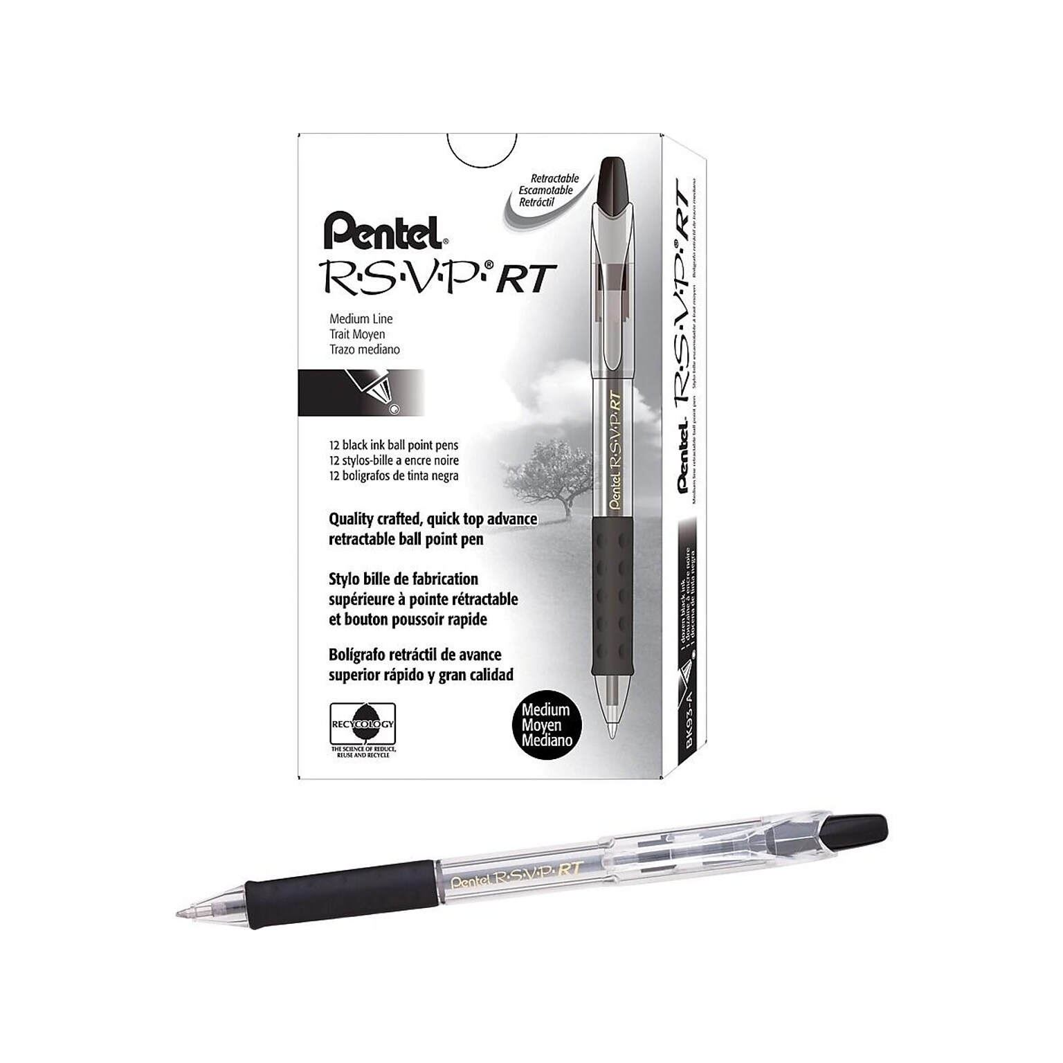 Pentel R.S.V.P. RT Retractable Ballpoint Pens, Medium Point, Black Ink, Dozen (BK93-A)