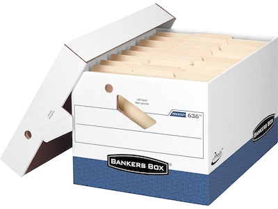 Bankers Box Heavy-Duty File Storage Boxes, Lift-Off Lid, Letter/Legal Size, White/Blue, 12/Carton (0063601)