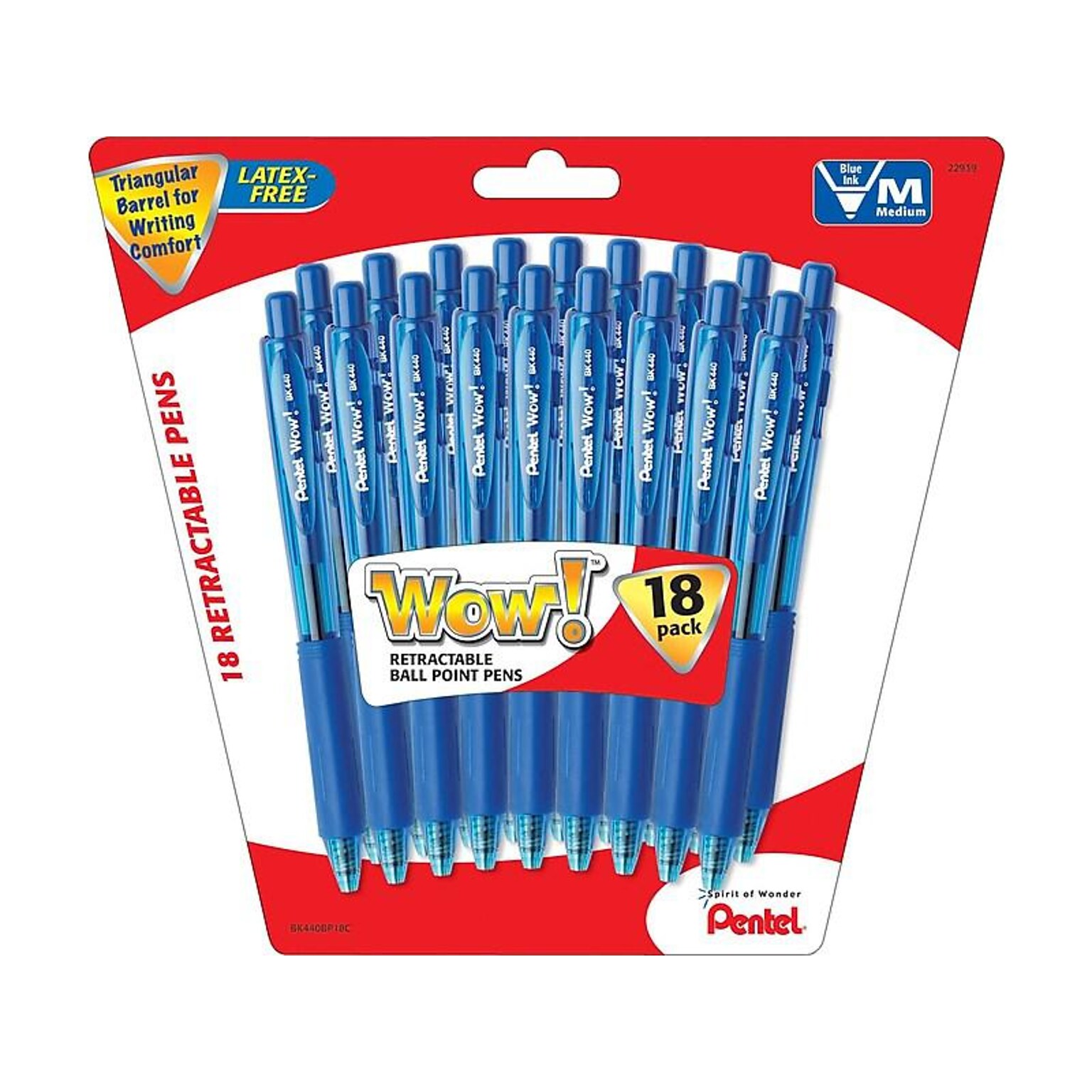 Pentel WOW! Retractable Ballpoint Pens, Medium Point, Blue Ink, 18 Pack (BK440BP18C)