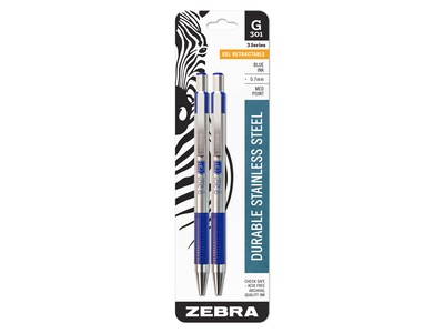 Zebra G-301 Retractable Gel Pen, Medium Point, Blue Ink, 2/Pack (41322)