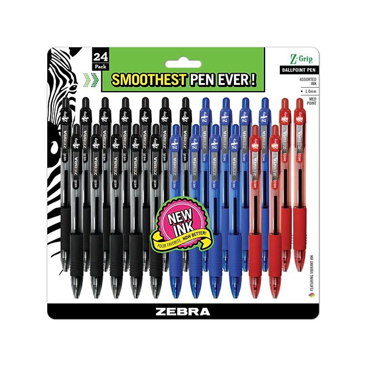 Zebra Z-Grip Retractable Ballpoint Pen, Medium Point, Assorted Ink, 24/Pack (12224)