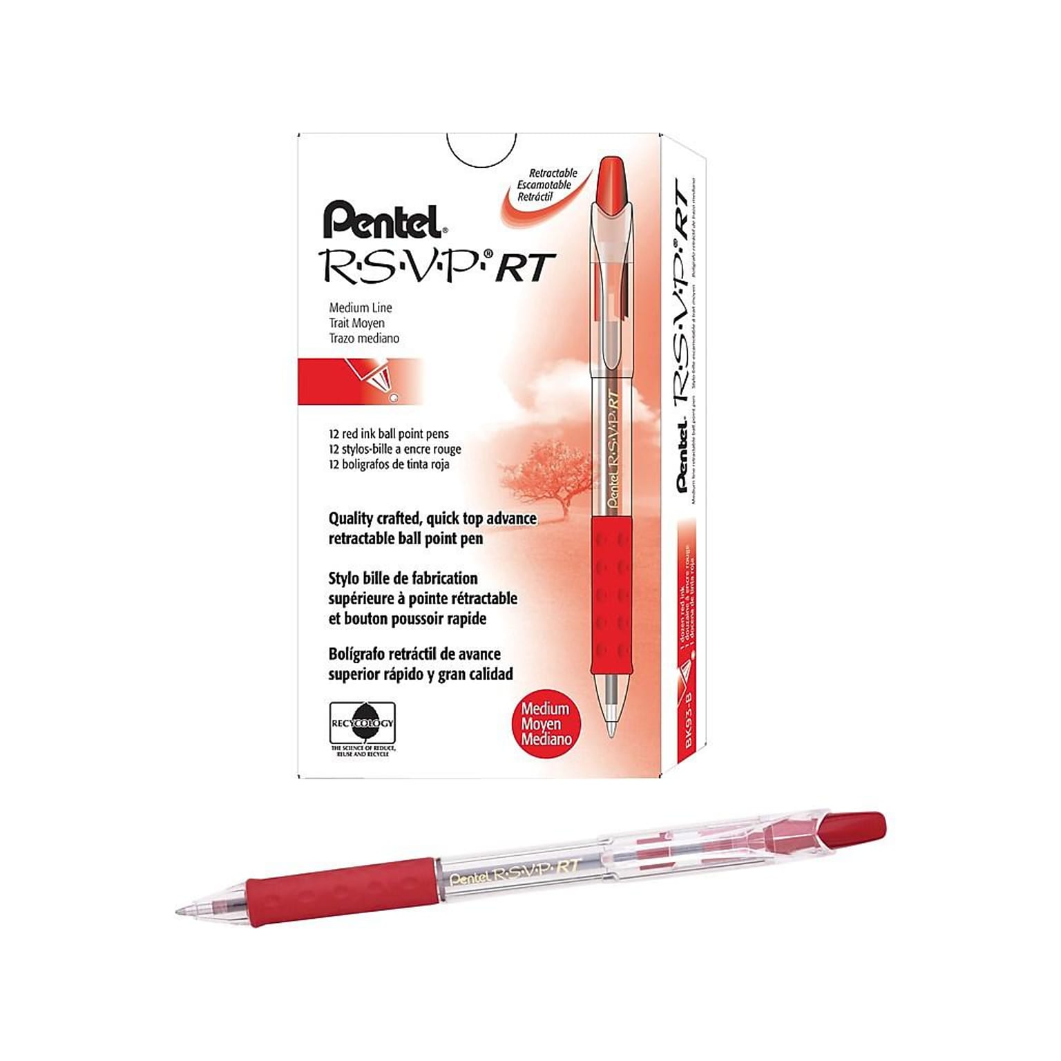 Pentel R.S.V.P. RT Retractable Ballpoint Pens, Medium Point, Red Ink, Dozen (BK93B)
