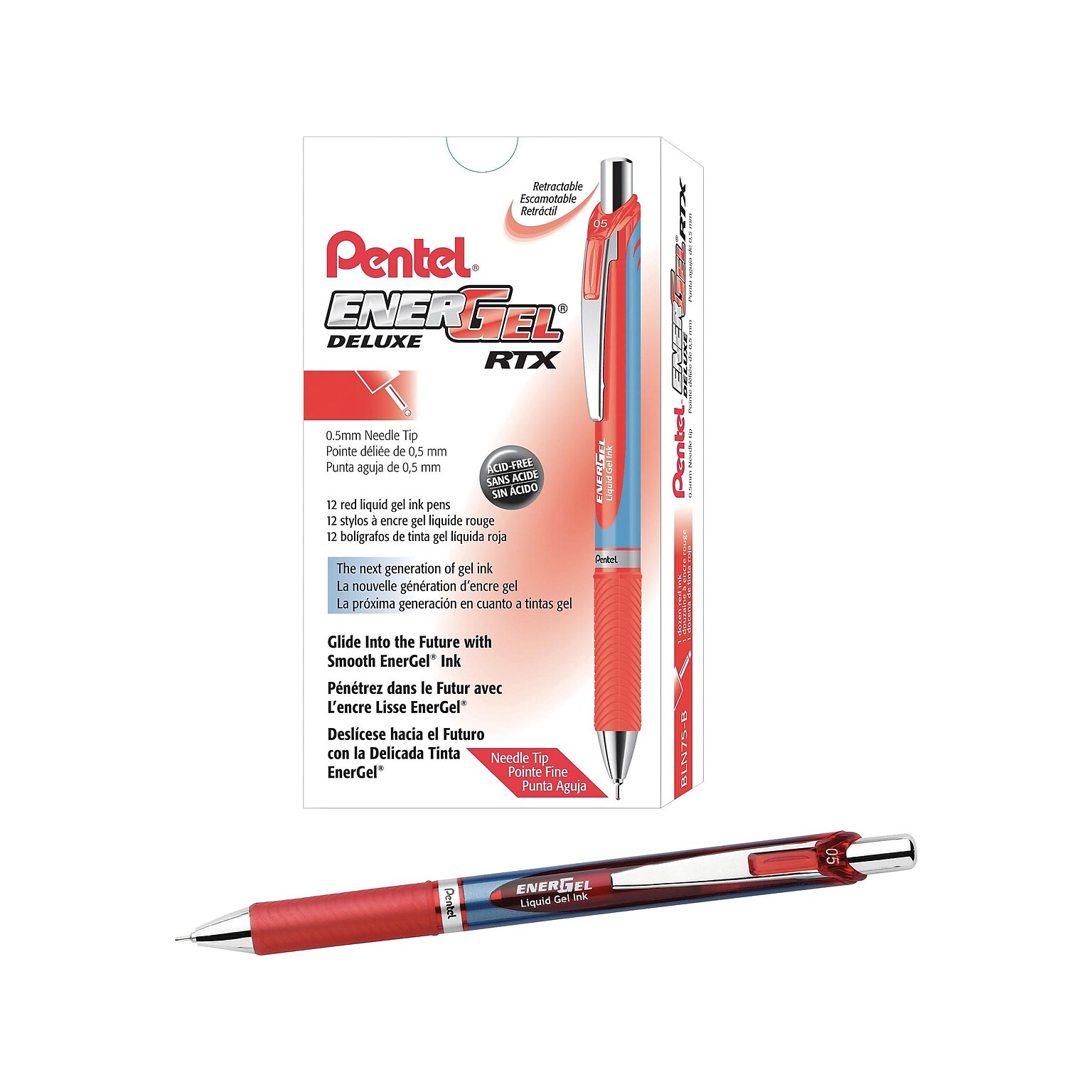 Pentel EnerGel Deluxe RTX Retractable Gel Pens, Fine Point, Red, Dozen (BLN75-B)