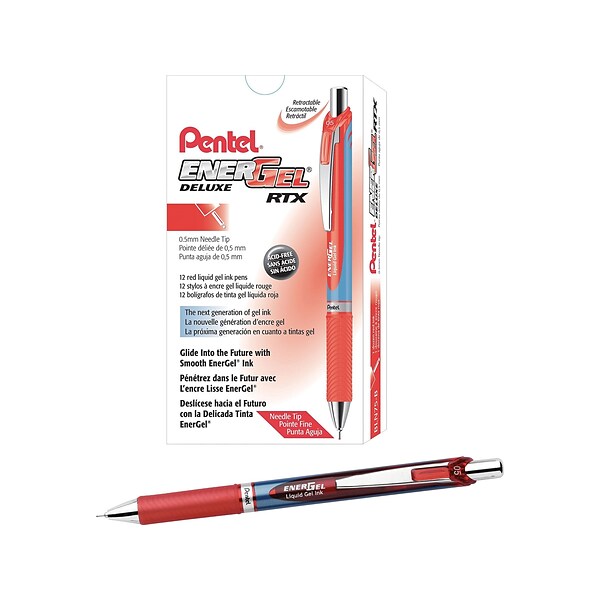 Pentel EnerGel Deluxe RTX Retractable Gel Pens, Fine Point, Red, Dozen (BLN75-B)