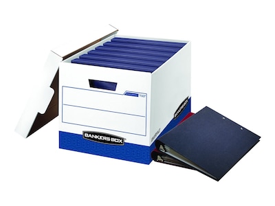 Bankers Box Heavy-Duty FastFold Corrugated File Storage Boxes, Lift-Off Lid, Binder Size, White/Blue