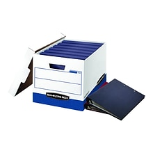 Bankers Box Heavy-Duty FastFold Corrugated File Storage Boxes, Lift-Off Lid, Binder Size, White/Blue