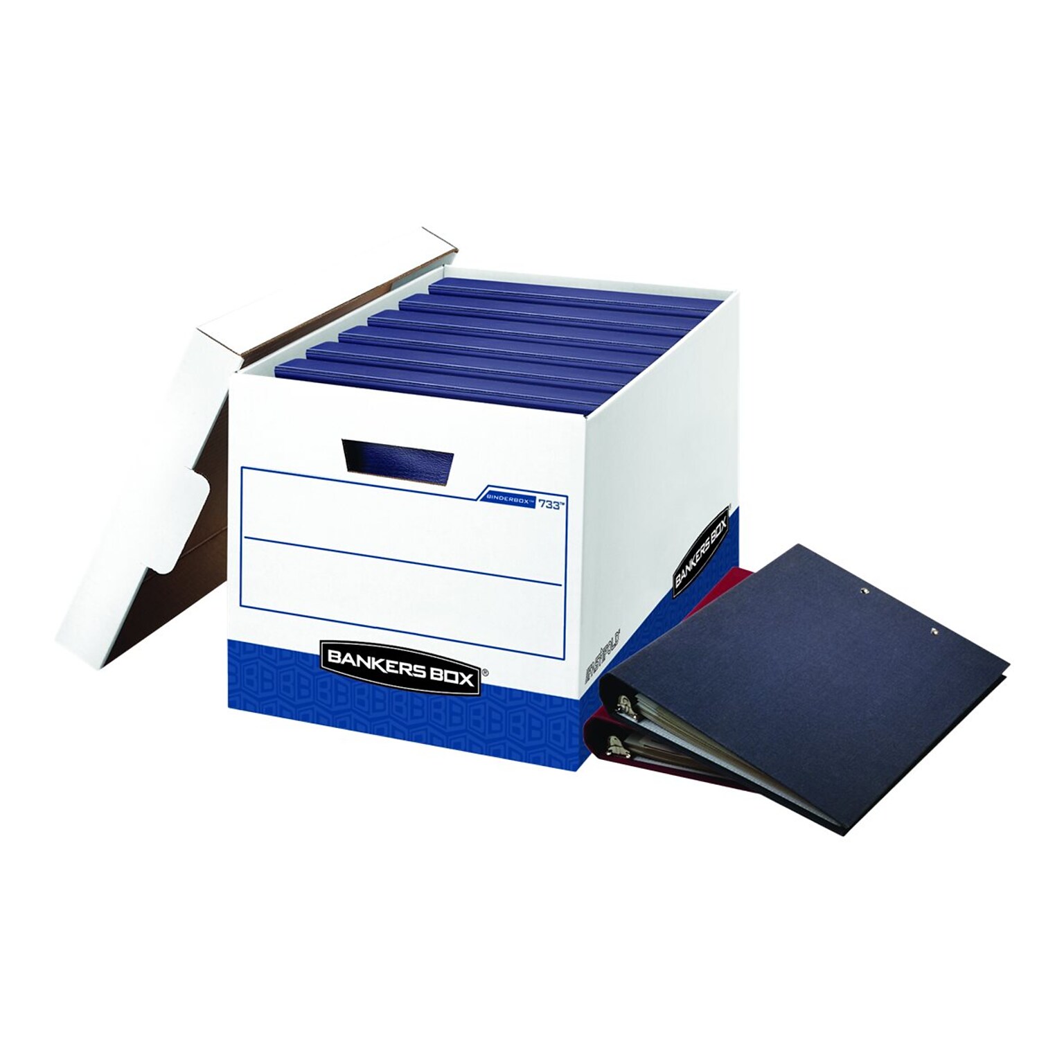 Bankers Box Heavy-Duty FastFold Corrugated File Storage Boxes, Lift-Off Lid, Binder Size, White/Blue, 12/Carton (0073301)