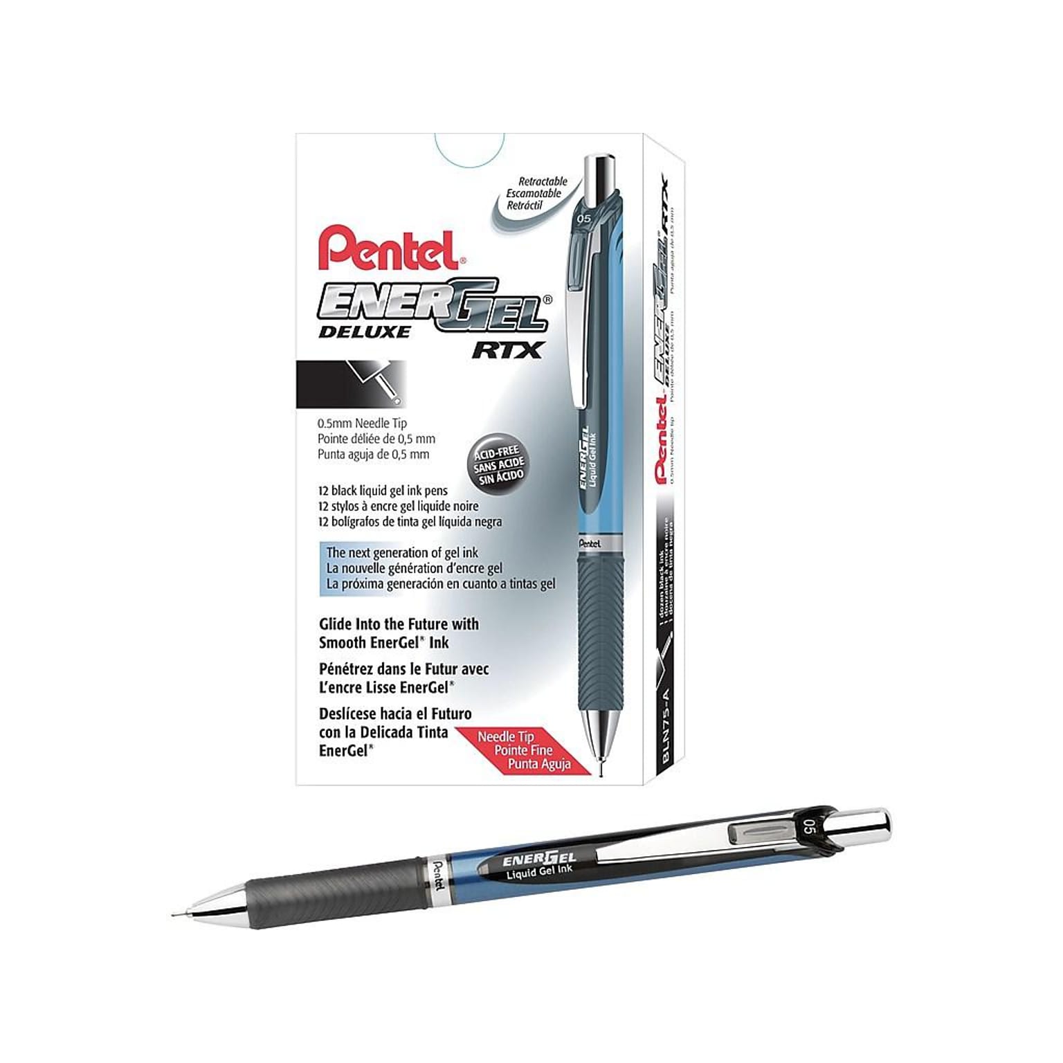 Pentel EnerGel Deluxe RTX Retractable Gel Pens, Fine Point, Black, Dozen (BLN75-A)