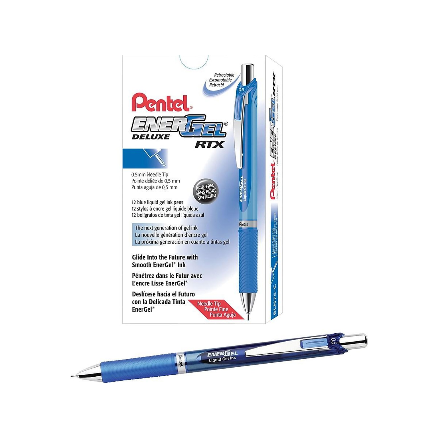 Pentel EnerGel RTX Retractable Gel Pens, Needle Tip Fine Point, Blue, Dozen (BLN75-C)