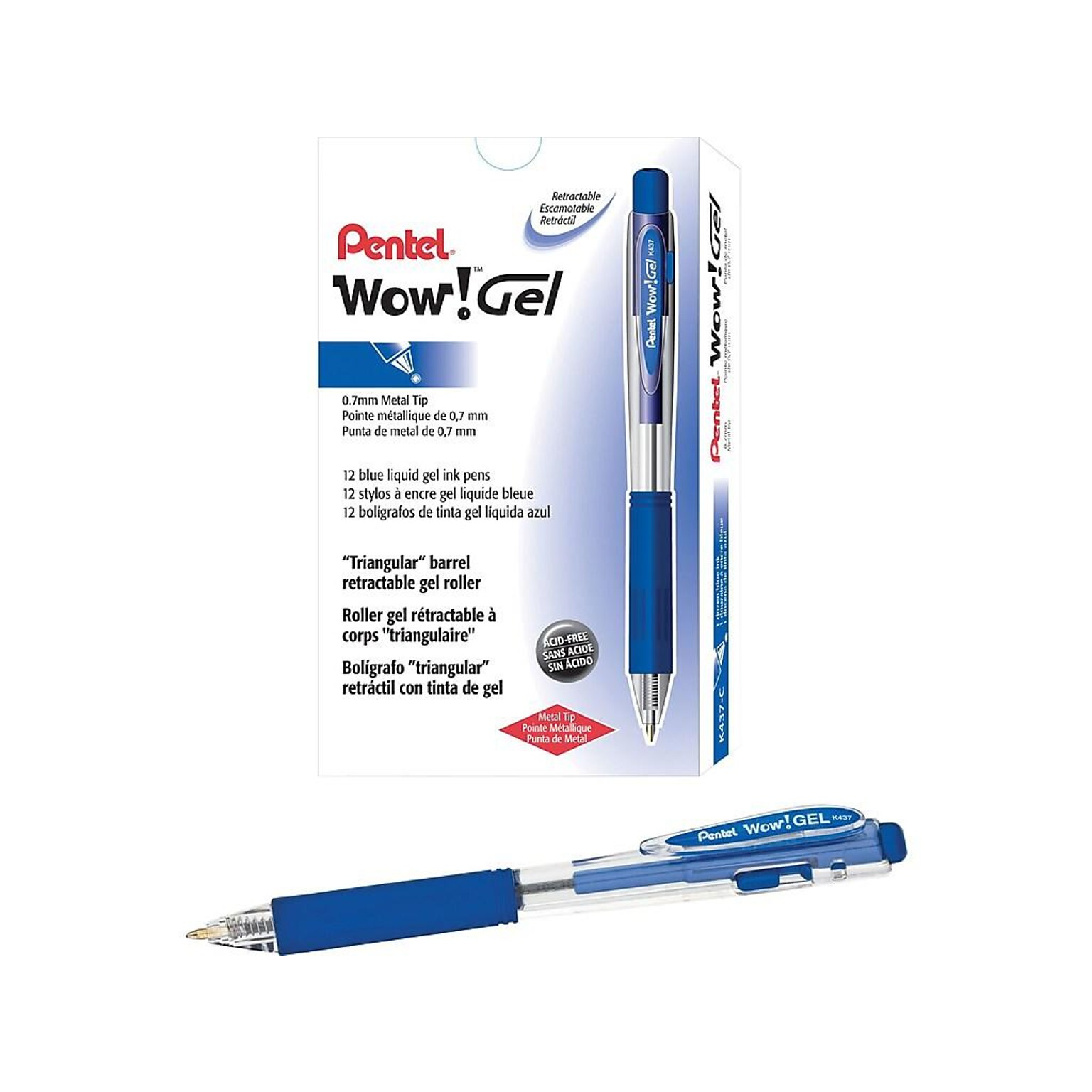 Pentel WOW! Retractable Gel Pens, Medium Point, Blue Ink, Dozen (K437-C)