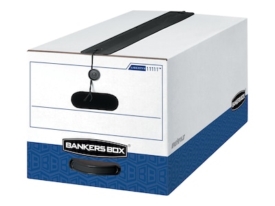 Bankers Box Liberty Plus Heavy-Duty FastFold File Storage Boxes, String & Button, Legal Size, White/Blue, 4/Carton (1211201)