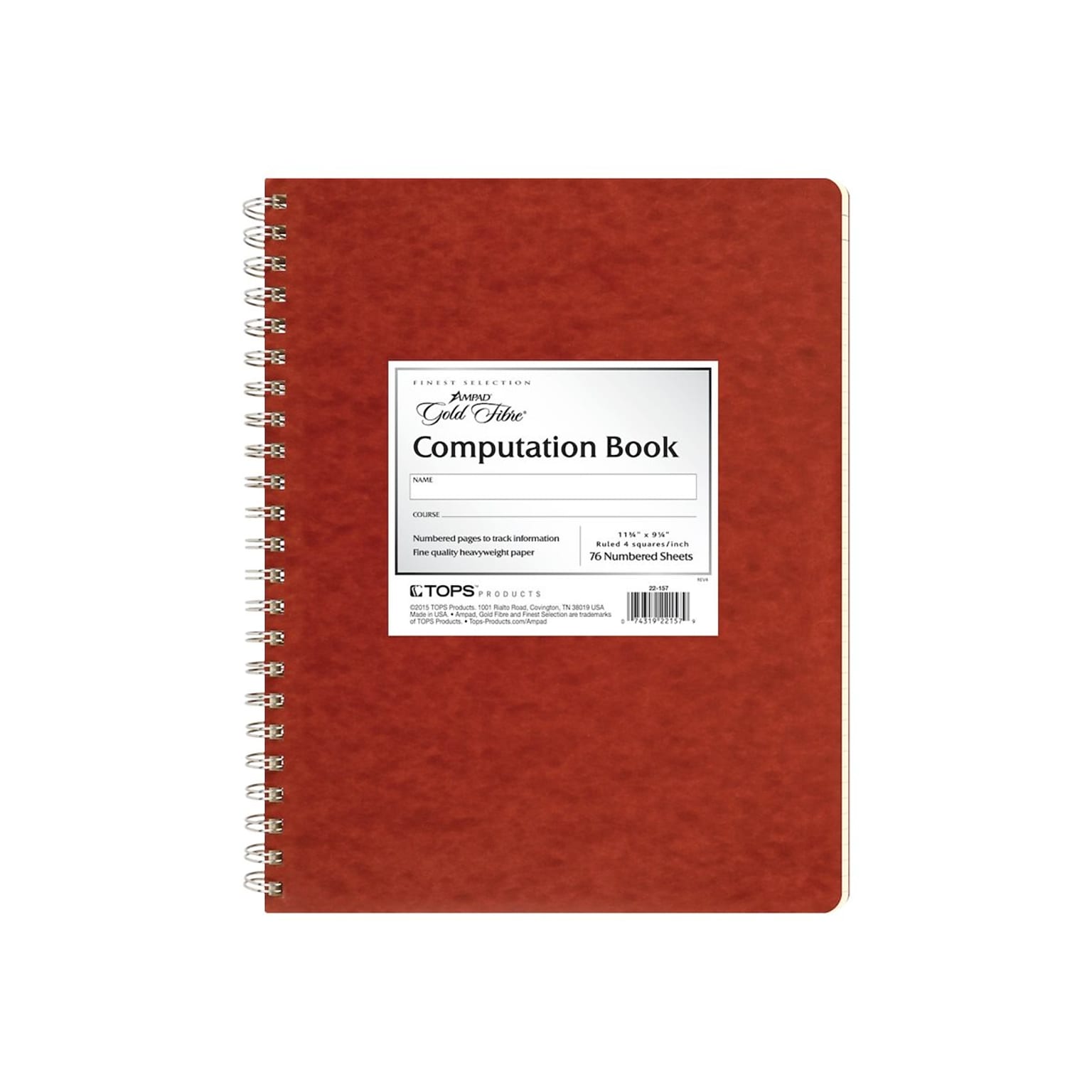 Ampad Gold Fibre Computation Book, 9.37 x 11.75, Quad Ruled, 76 Sheets, Red (TOP 22-157)