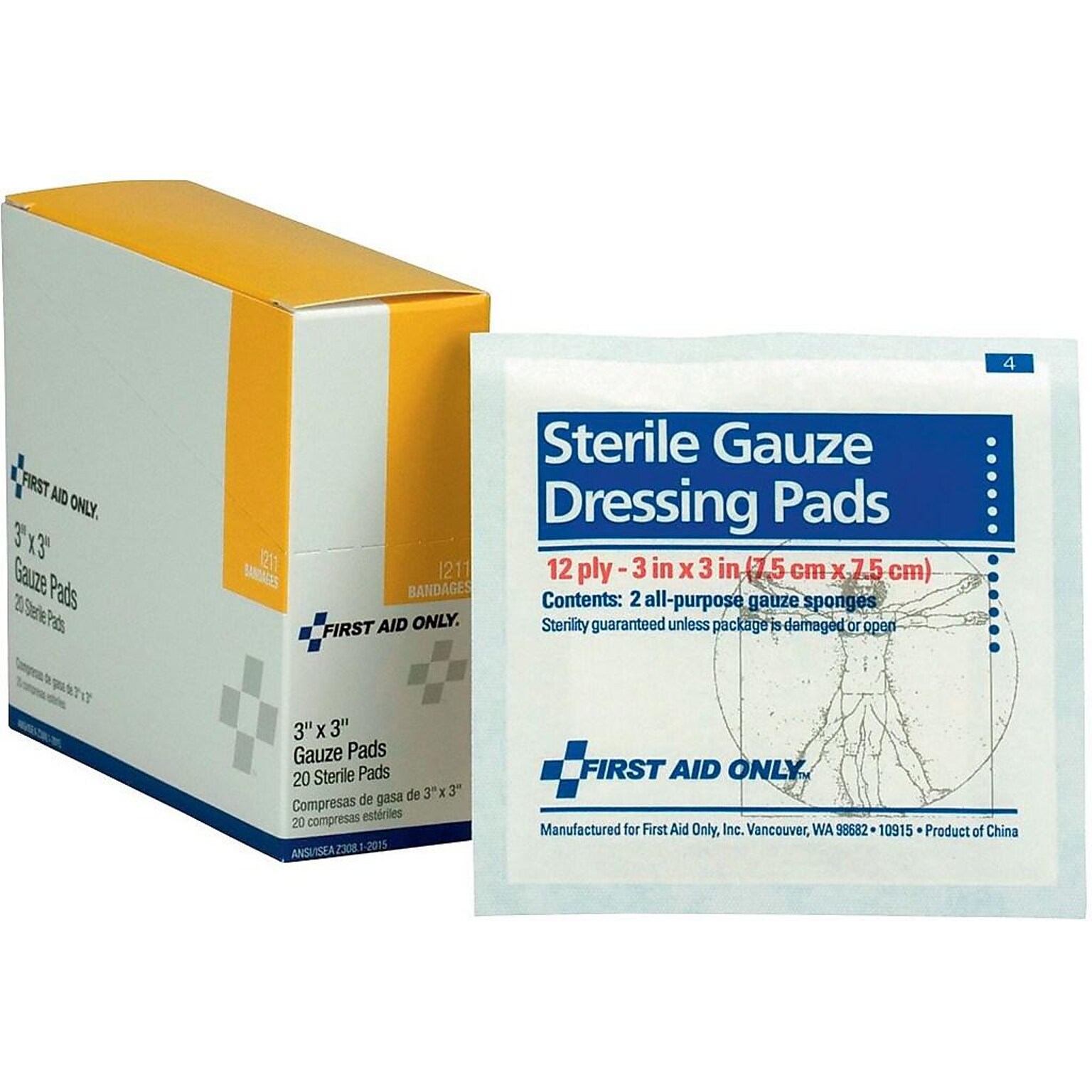 First Aid Only 3 Sterile 12-Ply Pads, 20/Box (I211)