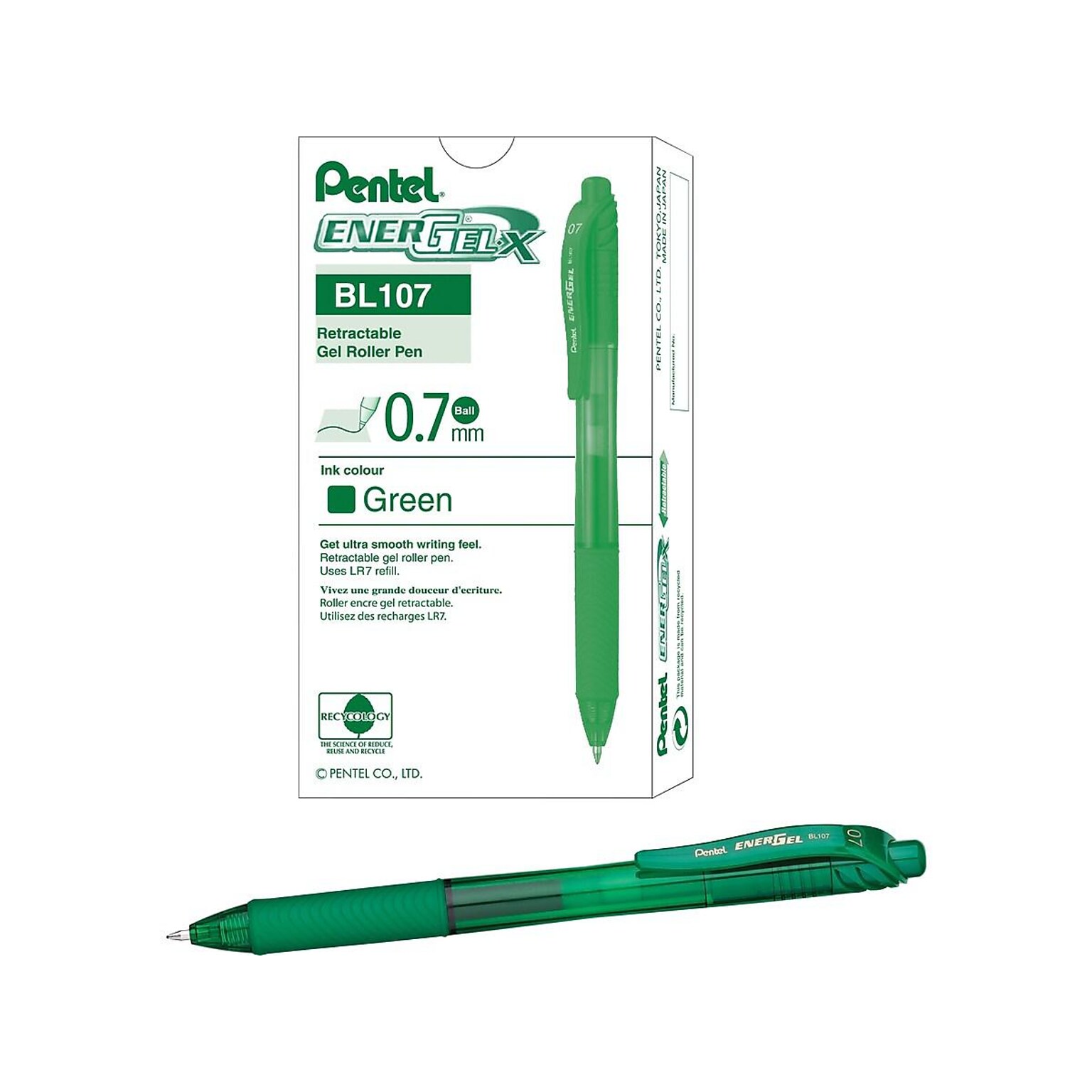 Pentel EnerGel-X RollerGel Retractable Gel Pens, Medium Point, Green Ink, Dozen (BL107-D)