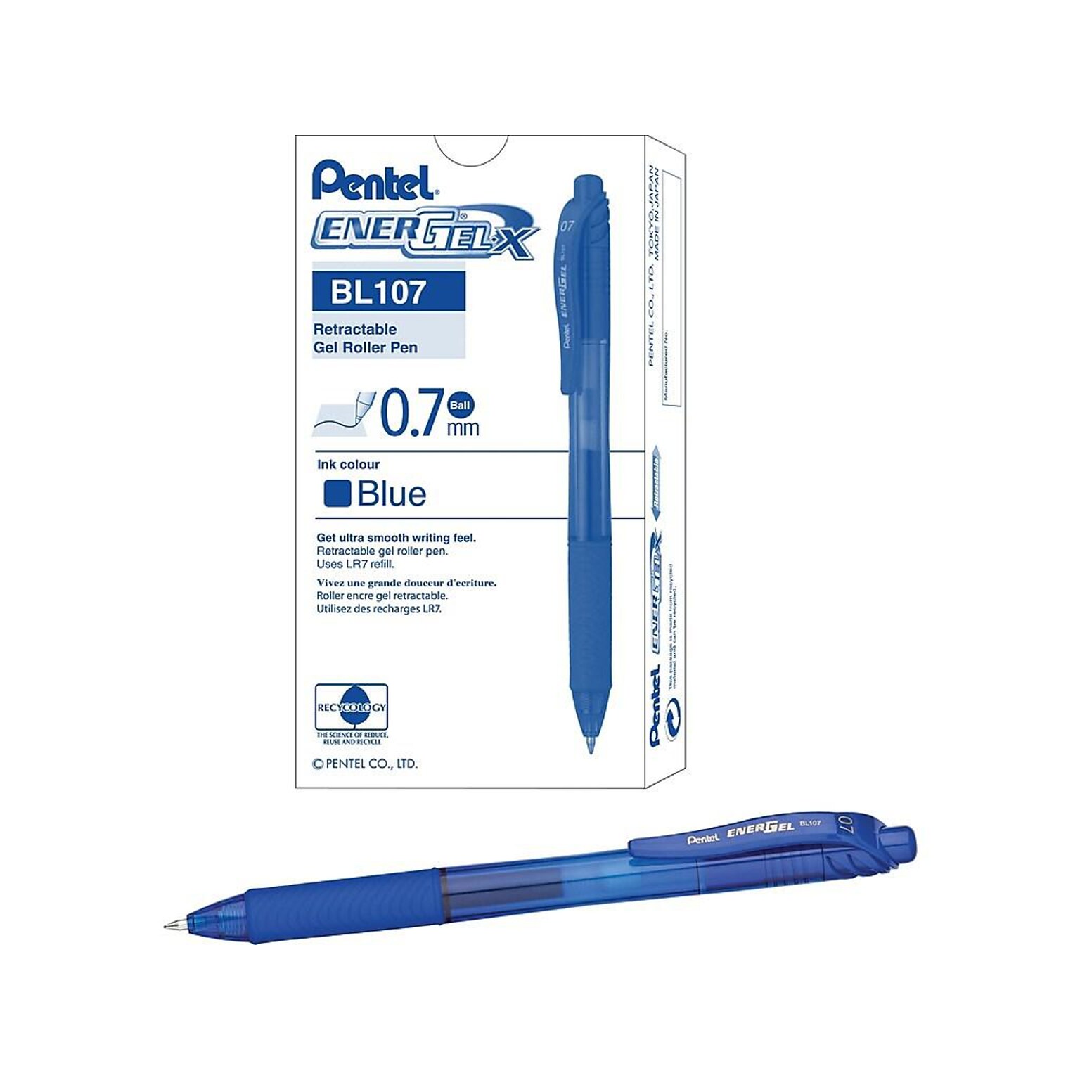 Pentel EnerGel-X RollerGel Retractable Gel Pens, Medium Point, Blue Ink, Dozen (BL107-C)