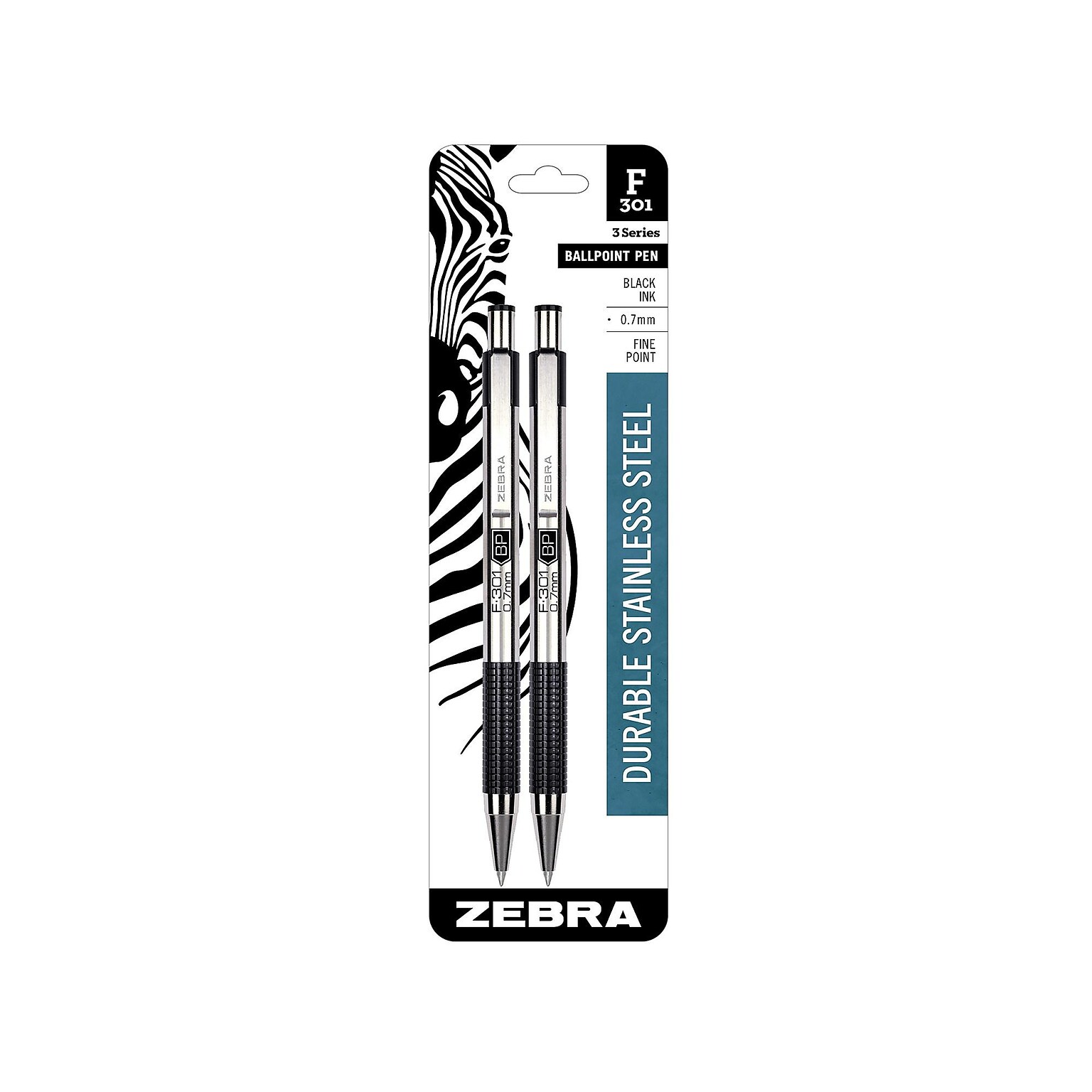 Zebra F-301 Retractable Ballpoint Pen, Fine Point, Black Ink, 2/Pack (27112)