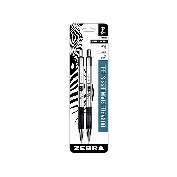 Zebra F-301 Retractable Ballpoint Pen, Fine Point, Black Ink, 2/Pack (27112)