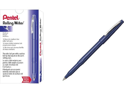 Pentel Rolling Writer Rollerball Pens, Medium Point, Blue Ink, Dozen (R100-C)