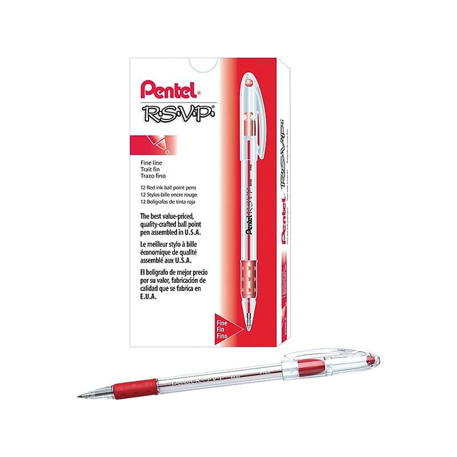 Pentel R.S.V.P. Ballpoint Pens, Fine Point, Red Ink, Dozen (BK90-B)