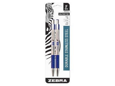 Zebra F-301 Retractable Ballpoint Pen, Fine Point, 0.7mm, Blue Ink, 2 Pack (27122)