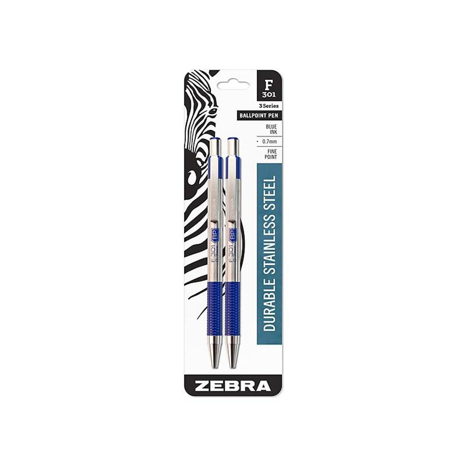 Zebra F-301 Retractable Ballpoint Pen, Fine Point, 0.7mm, Blue Ink, 2 Pack (27122)