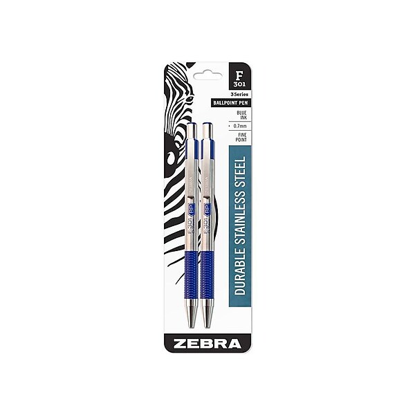 Zebra F-301 Retractable Ballpoint Pen, Fine Point, Blue Ink, 2/Pack (27122)