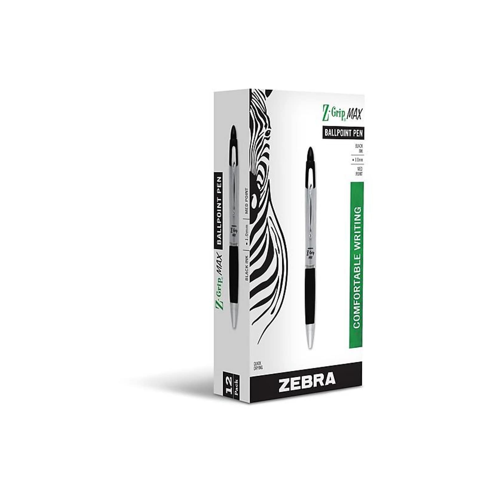 Zebra Z-Grip Max Retractable Ballpoint Pen, Medium Point, 1.0mm, Black Ink, Dozen (22410)