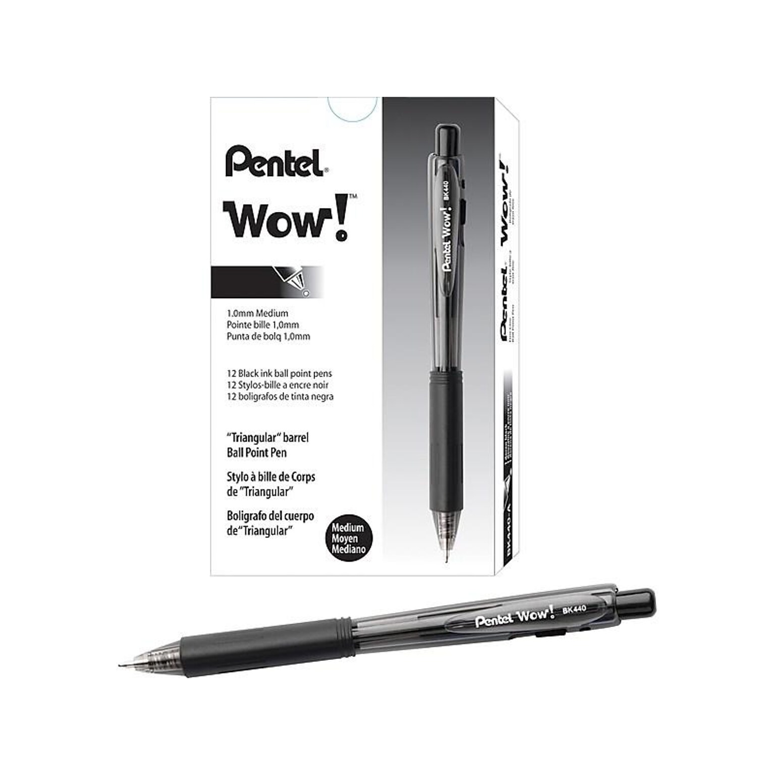 Pentel WOW! Retractable Ballpoint Pens, Medium Point, Black Ink, Dozen (BK440-A)