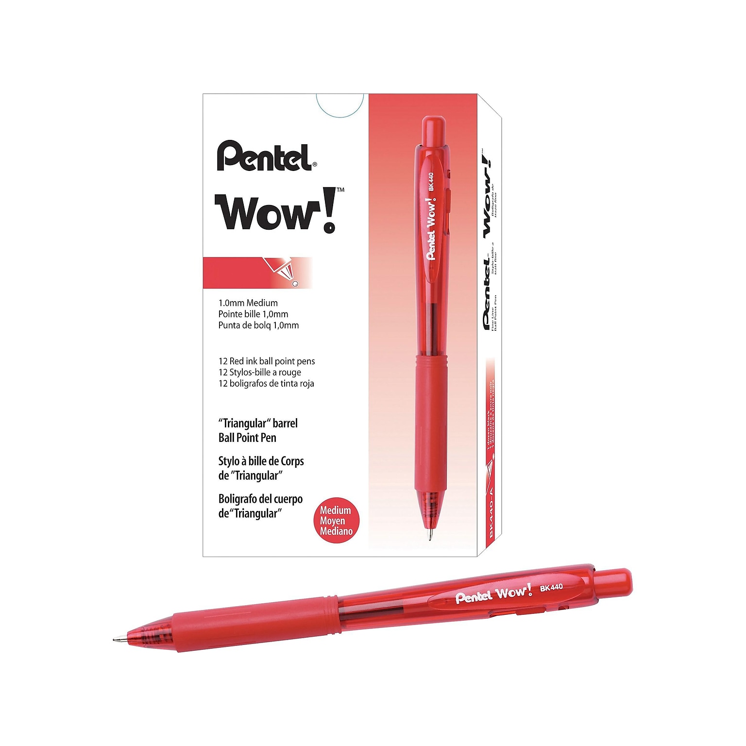 Pentel WOW! Retractable Ballpoint Pens, Medium Point, Red Ink, Dozen (BK440-B)