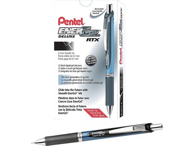 Pentel EnerGel Deluxe RTX Retractable Gel Pens, Needle Tip Medium Point, Black Ink, Dozen (BLN77-A)