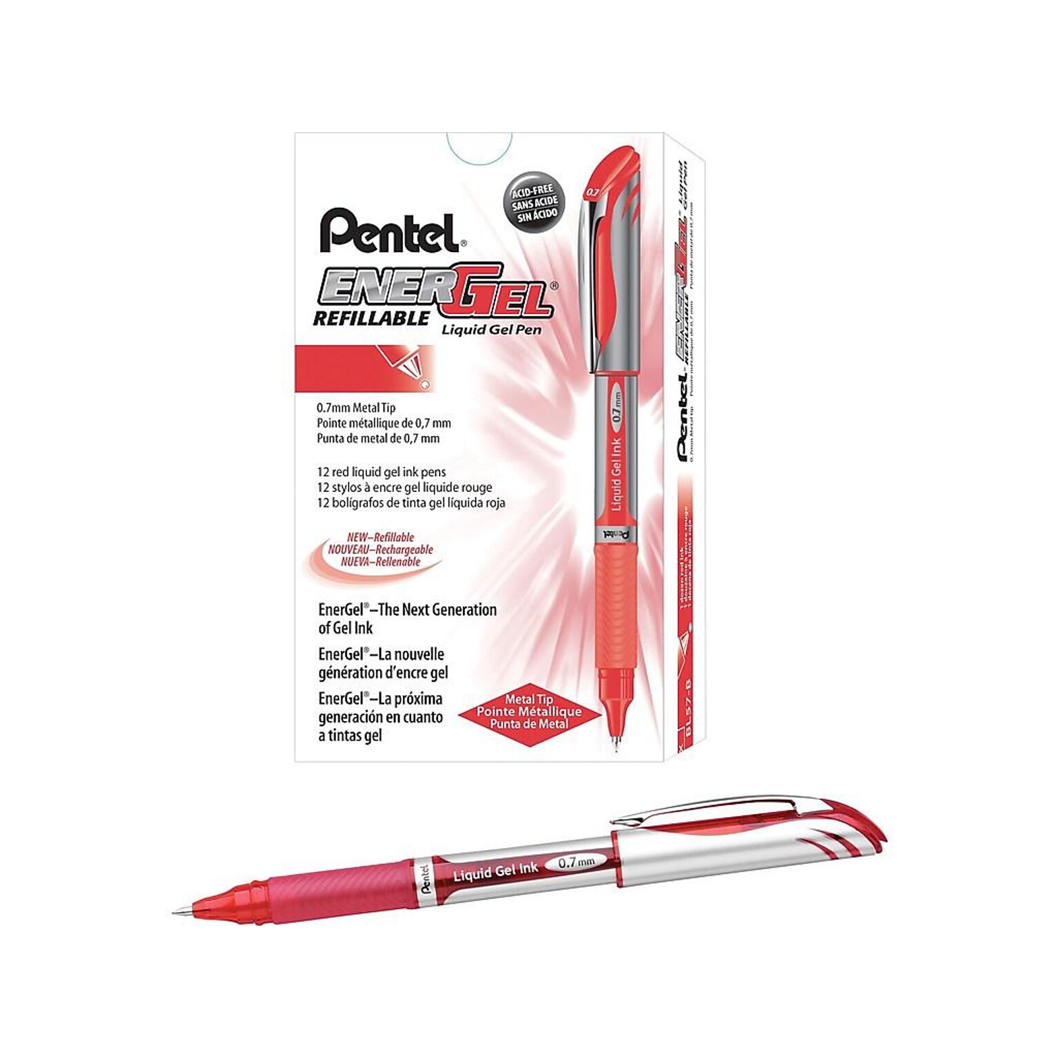 Pentel EnerGel Deluxe Gel Pens, Medium Point, Red Ink, Dozen (BL57-B)