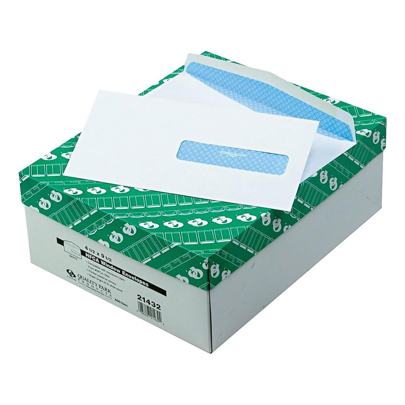 Quality Park Gummed Security Tinted Business Envelopes, 4 1/2 x 9 1/2, White Wove, 500/Box (QUA21432)