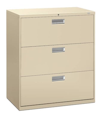 HON Brigade 600 Series 3-Drawer Lateral File Cabinet, Letter/Legal Size, Lockable, 40.94"H x 36"W x 18"D, Putty (HON683LL)