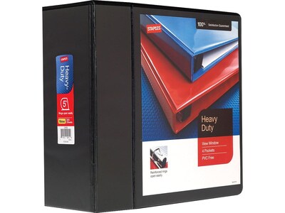 Staples Heavy Duty 5 3-Ring View Binder with D-Rings and Four Interior Pockets, Black (24699)