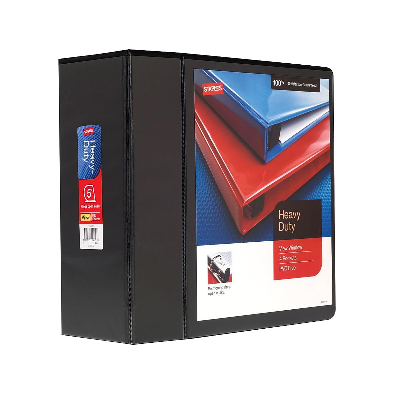 Staples Heavy Duty 5 3-Ring View Binder with D-Rings and Four Interior Pockets, Black (24699)