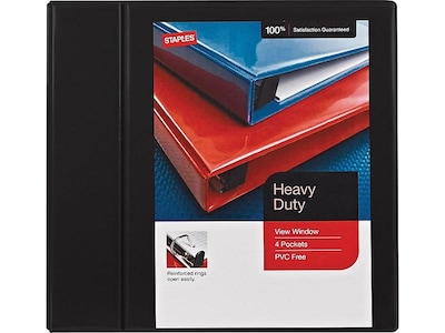 Staples Heavy Duty 5" 3-Ring View Binder with D-Rings and Four Interior Pockets, Black (24699)