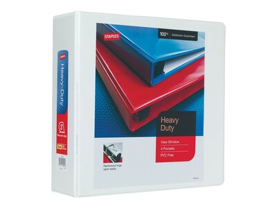 Staples Heavy Duty 3 3-Ring View Binder with D-Rings and Four Interior Pockets, White (24693)