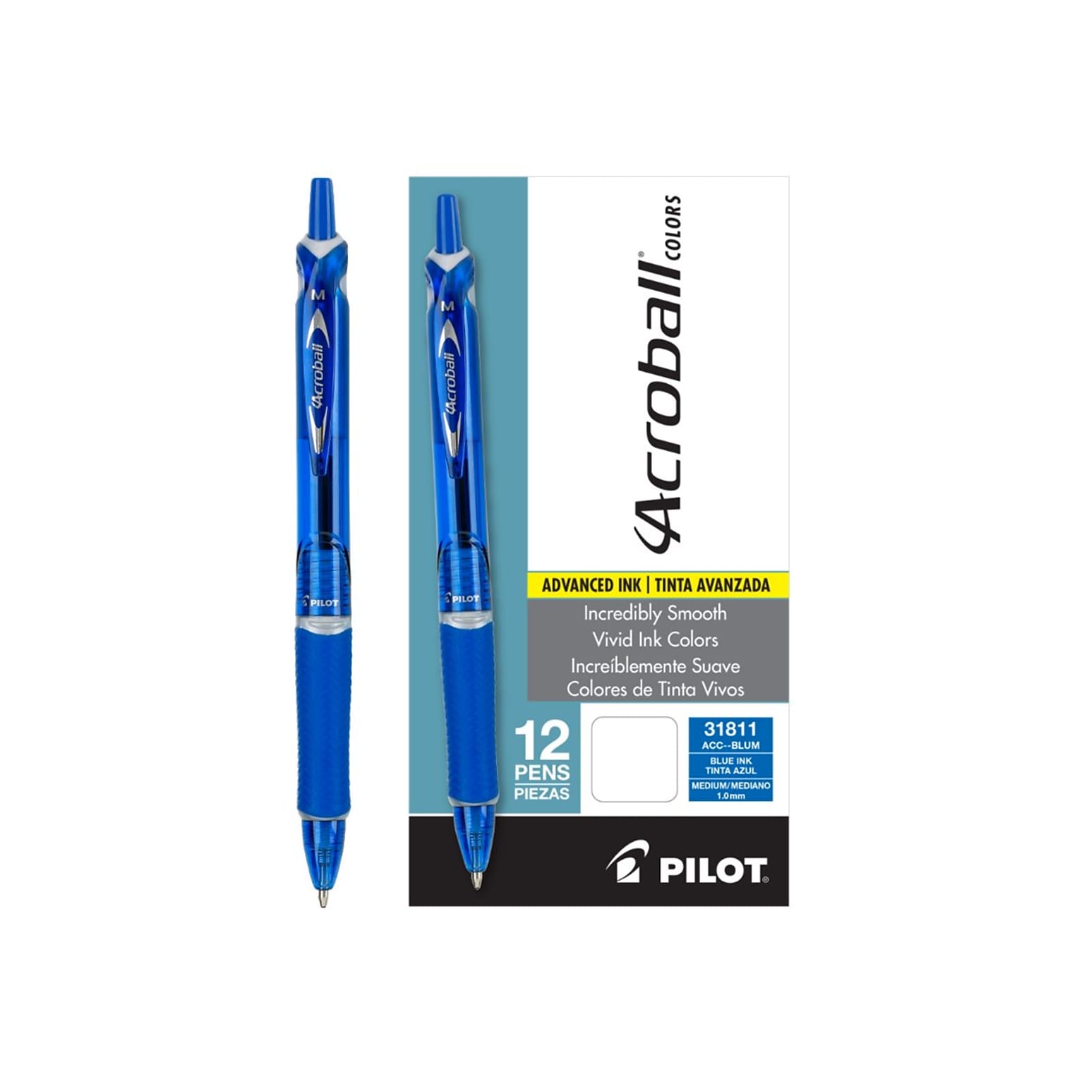 Pilot Acroball Colors Advanced Ink Retractable Ballpoint Pens, Medium Point, Blue Ink, Dozen (31811)