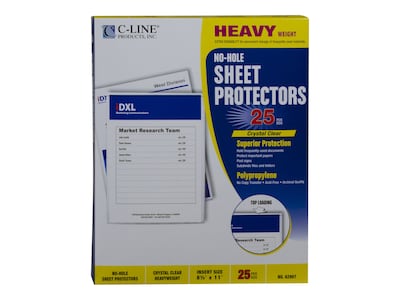 C-Line Heavyweight No-Hole Sheet Protectors, 8-1/2 x 11, Clear, 25/Box (62907)