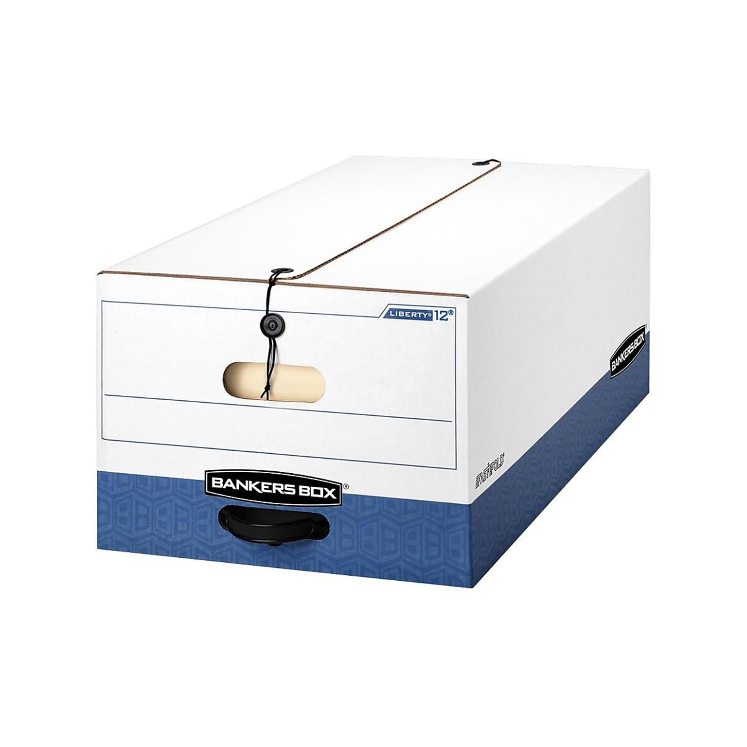 Bankers Box Heavy-Duty Corrugated File Storage Boxes, String & Button, Legal Size, White/Blue, 12/Carton (00012)